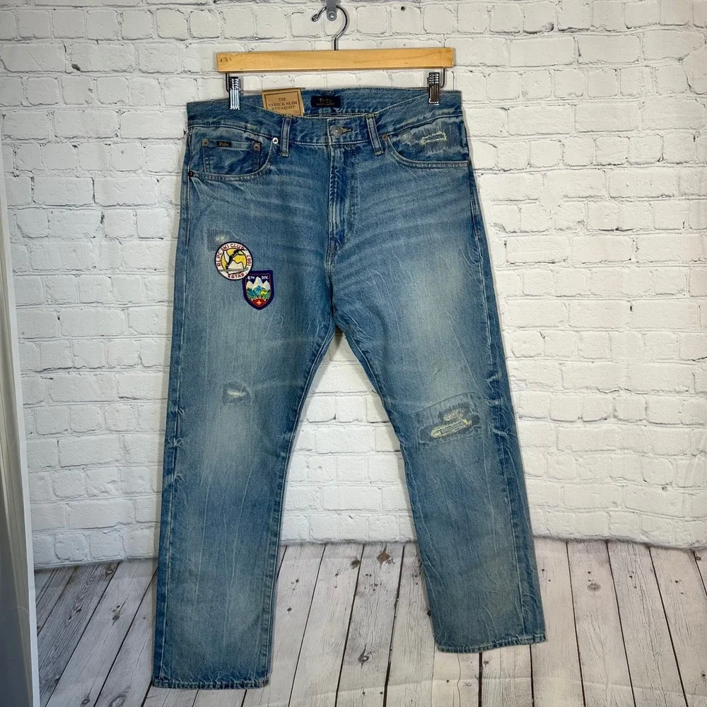 NEW Polo Ralph Lauren Varick Slim Straight Patch Distressed Jeans Light Wash 33